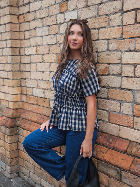 Ayva Lola Check Top Navy | Shine On NZ