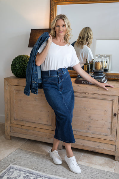 Maxi Skirt Jean Skirt Stretch Denim Maxi Skirt White Stretch Denim