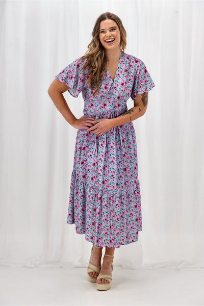 Gloss The Label Khyla Ladder Lace Dress Blue Watercolour Print | Shine On NZ Gloss The Label Khyla Ladder Lace Dress Blue Watercolour Print | Shine On NZ