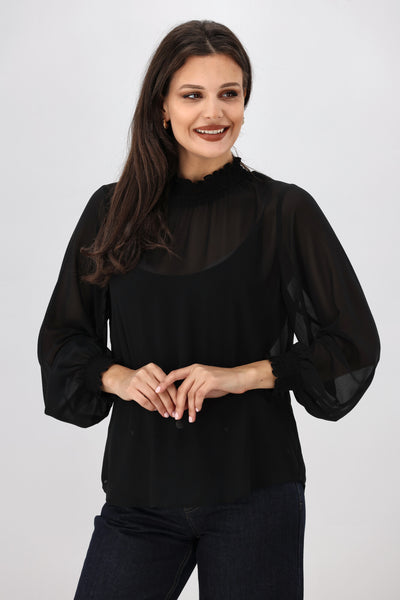 Gloss The Label Zeyna Shirred Neck Top Black