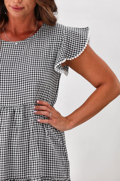 Miracle Lace Trim Gingham Ruffle Dress Black | Shine On NZ