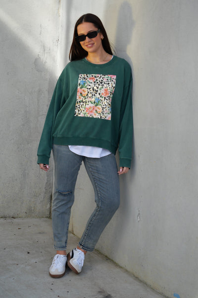 Rebel Club Leopard Dreams Block Crew Washed Green | Shine On NZ