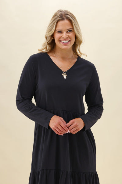 Shine On Essentials Long Sleeve Tiered Dress Black | Shine On NZ