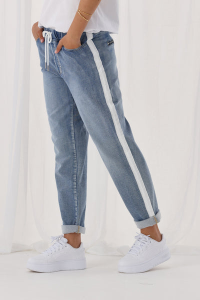 Shine On Label Lyon Collection Denim Jogger Mid Blue w White Tape ...