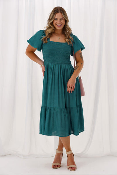 Sunday Boho Monroe Shirred Puff Sleeve Dress Teal