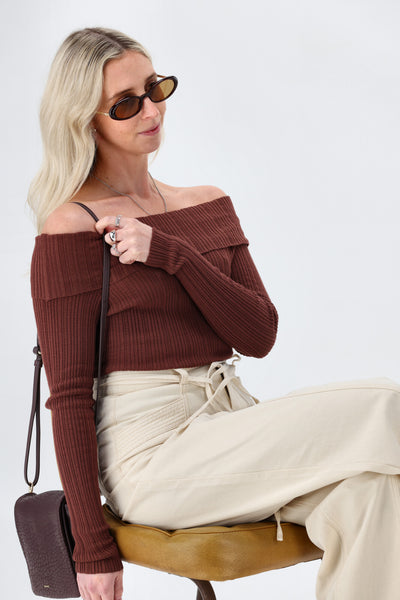 Minkpink Zoe Off Shoulder Knit Top Chocolate | Shine On NZ