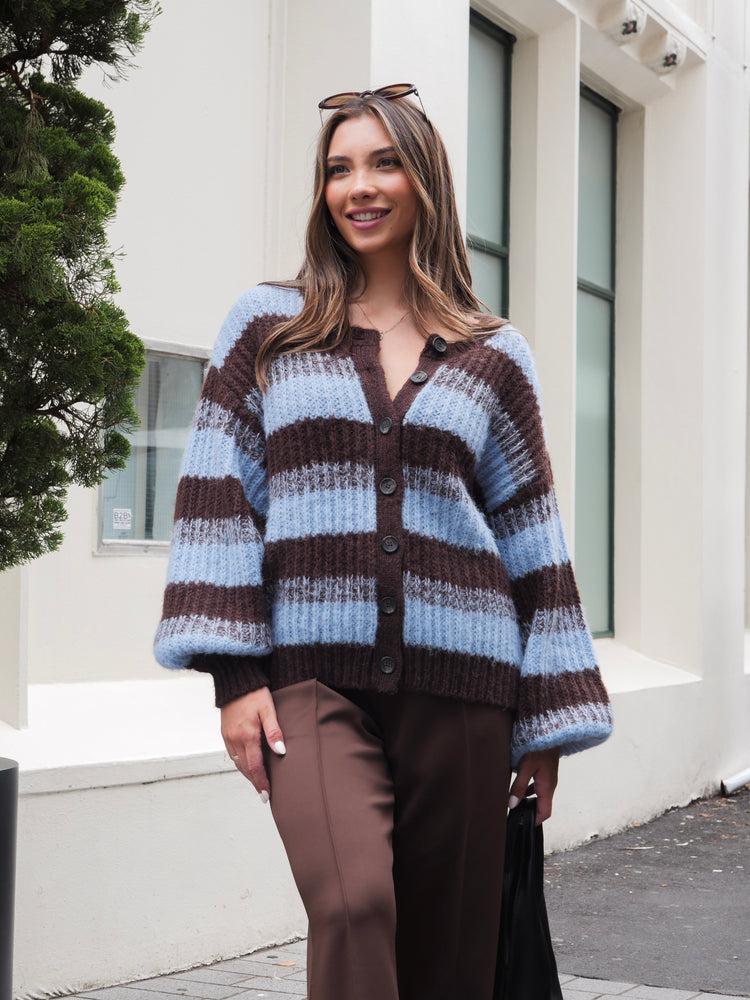 Ayva Triton Relaxed Knit Cardigan Chocolate Blue Stripe | Shine On NZ