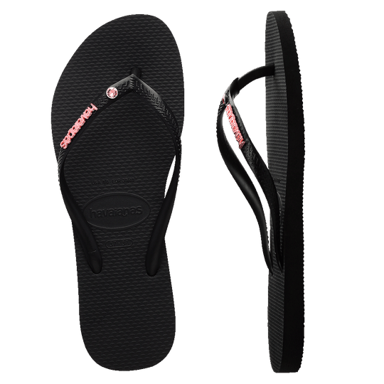 Havaianas Slim Metal Logo Crystal Black Pink Shine On NZ