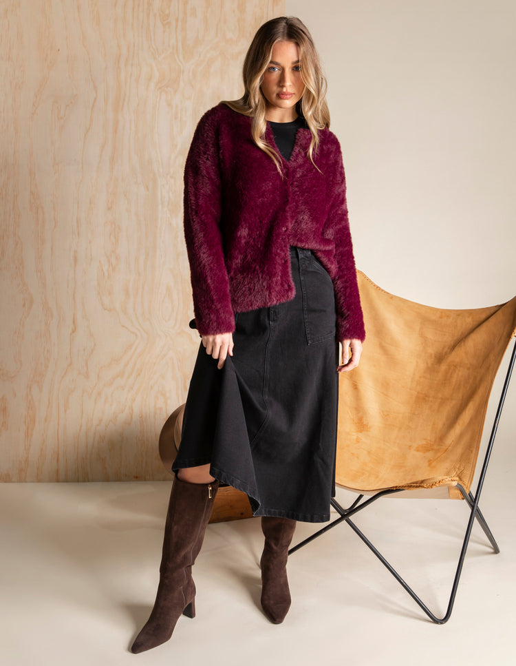 Foxwood Kenny Button Cardi Wine | Shine On NZ