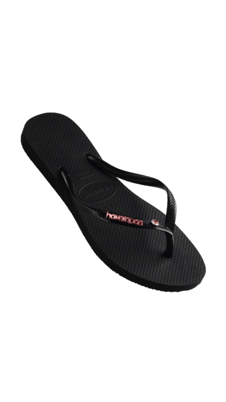 Havaianas Slim Metal Logo Crystal Black Pink Shine On NZ