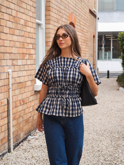 Ayva Lola Check Top Navy | Shine On NZ