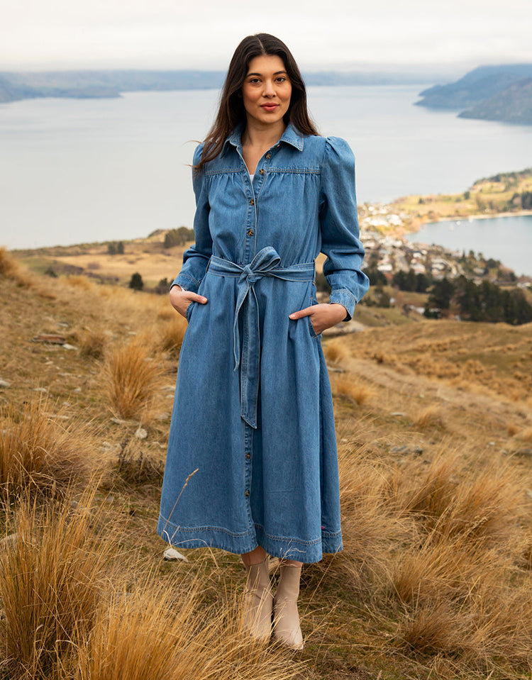 Elm Lucinda Denim Shirt Dress Mid Blue Wash Shine On NZ