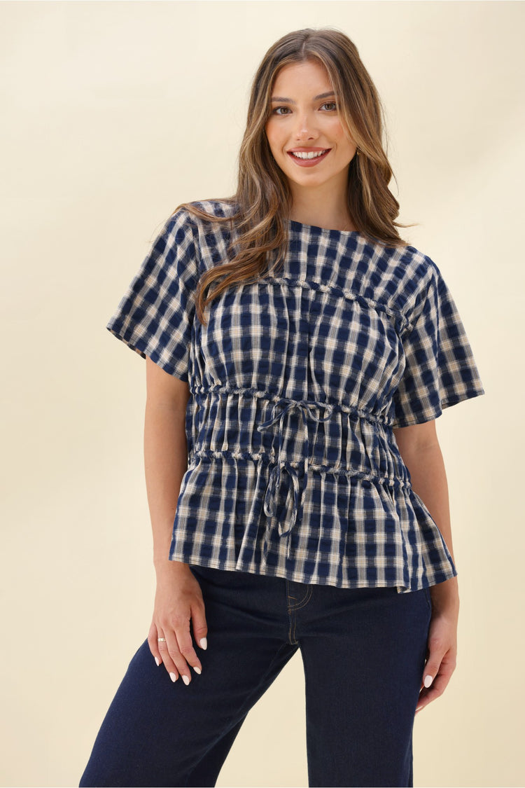 Ayva Lola Check Top Navy | Shine On NZ