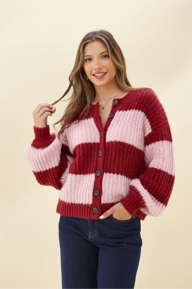 Ayva Triton Relaxed Knit Cardigan Berry Stripe | Shine On NZ