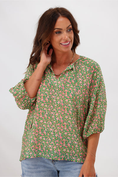 Gloss by Shine On Dana Tie Blouse Pink Green Floral | Shine On NZ