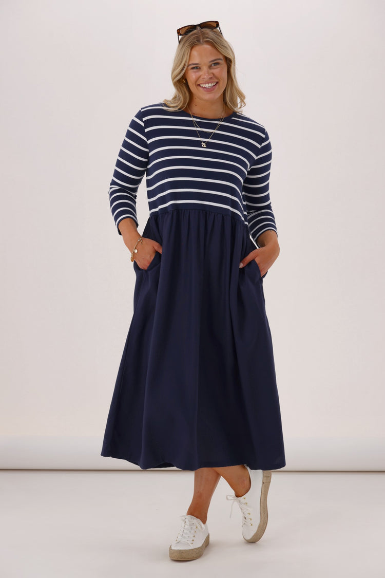 Elm Parker 3/4 Sleeve Dress Navy Stripe | Shine On NZ