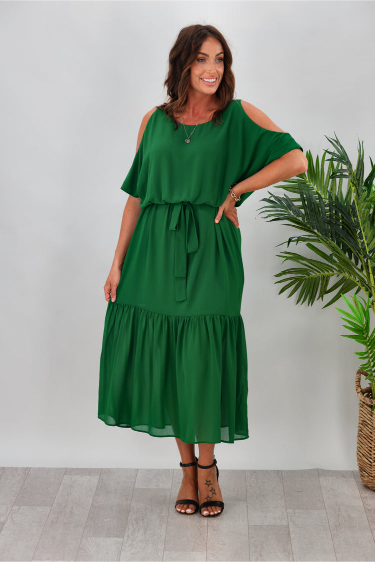 Emerald green cold shoulder on sale dress