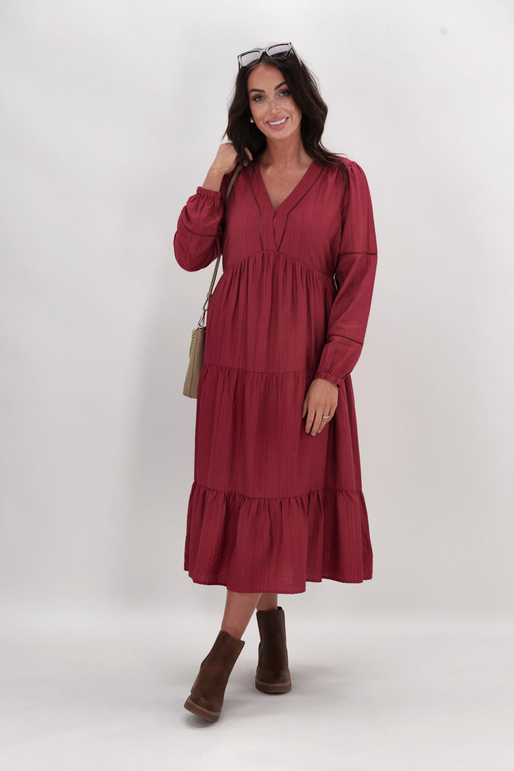 Gloss The Label Maye Shirred Sleeve Dress Cranberry | Shine On NZ