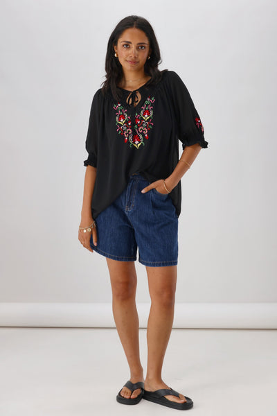 Label Simone Gloss The Label Simone Embroidered Blouse Black | Shine On NZ