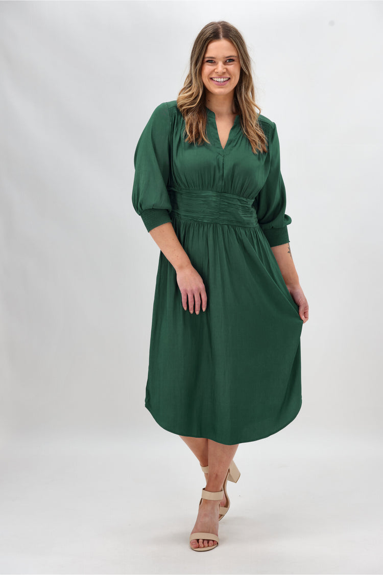 Gloss The Label Tomas Shirred Short Sleeve Dress Emerald Green