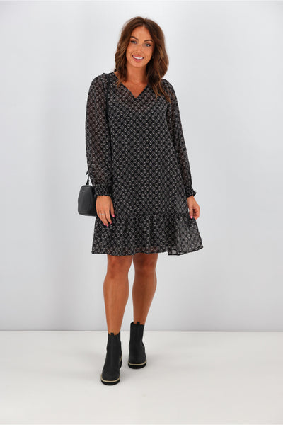 Gloss by Shine On Laura Hem Tier Dress Black Geo Print | Shine On NZ