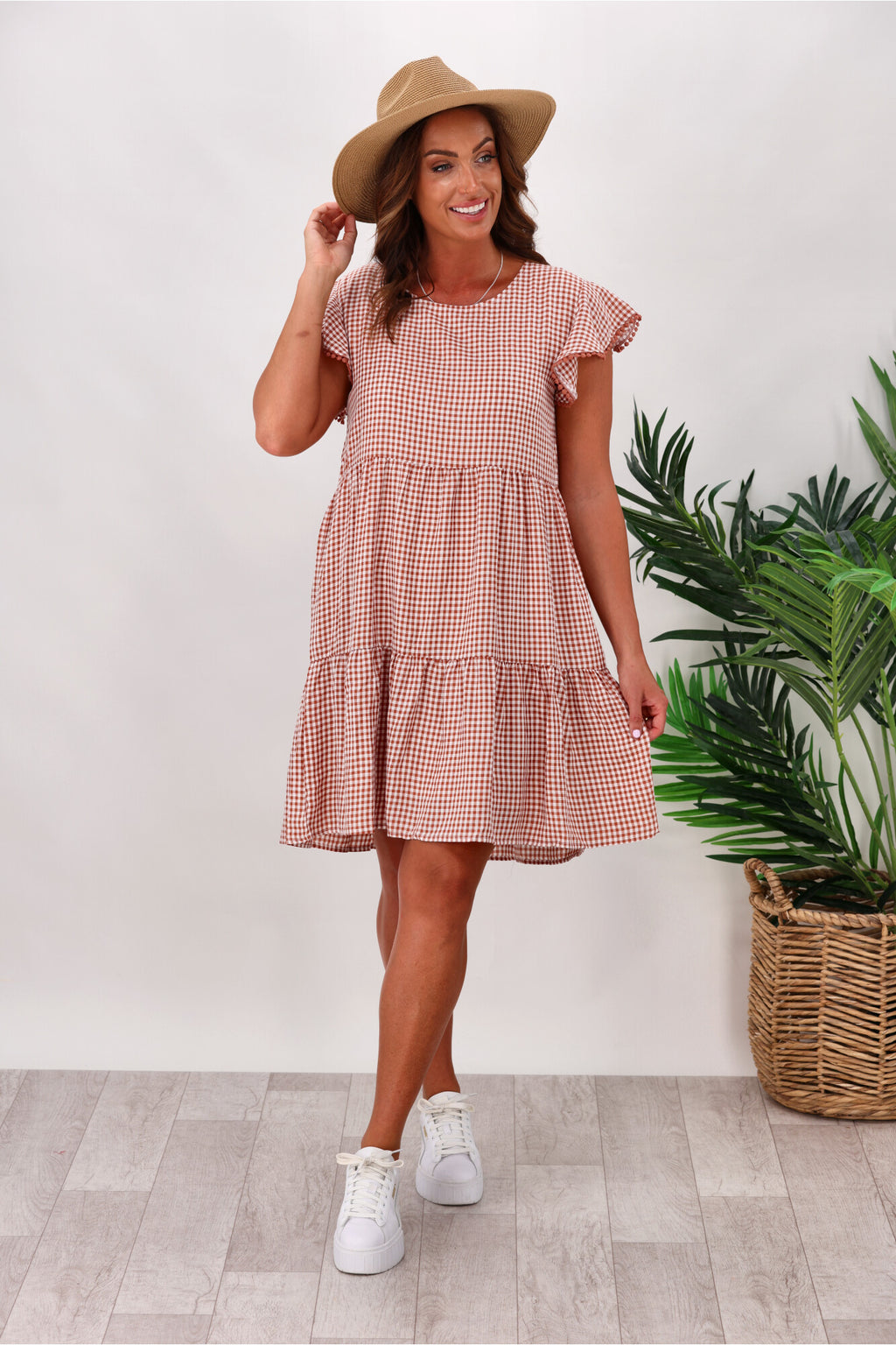 Miracle Lace Trim Gingham Ruffle Dress Rust | Shine On NZ