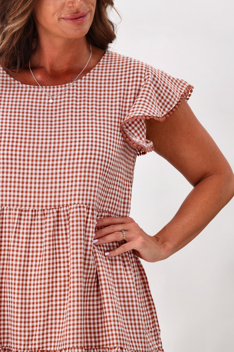 Miracle Lace Trim Gingham Ruffle Dress Rust | Shine On NZ