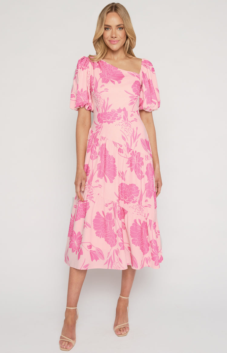 Style State Asymmetrical Neckline Floral Dress Pink | Shine On NZ