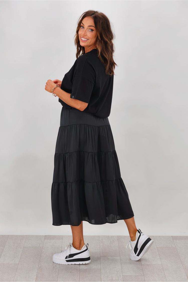 Shine On Label Bonnie Satin Tiered Midi Skirt Black Shine On NZ