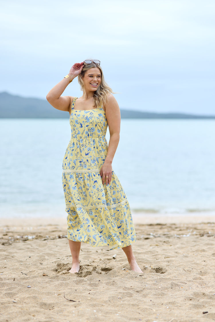 Shine On Label Orriella Dress Yellow Blue Floral