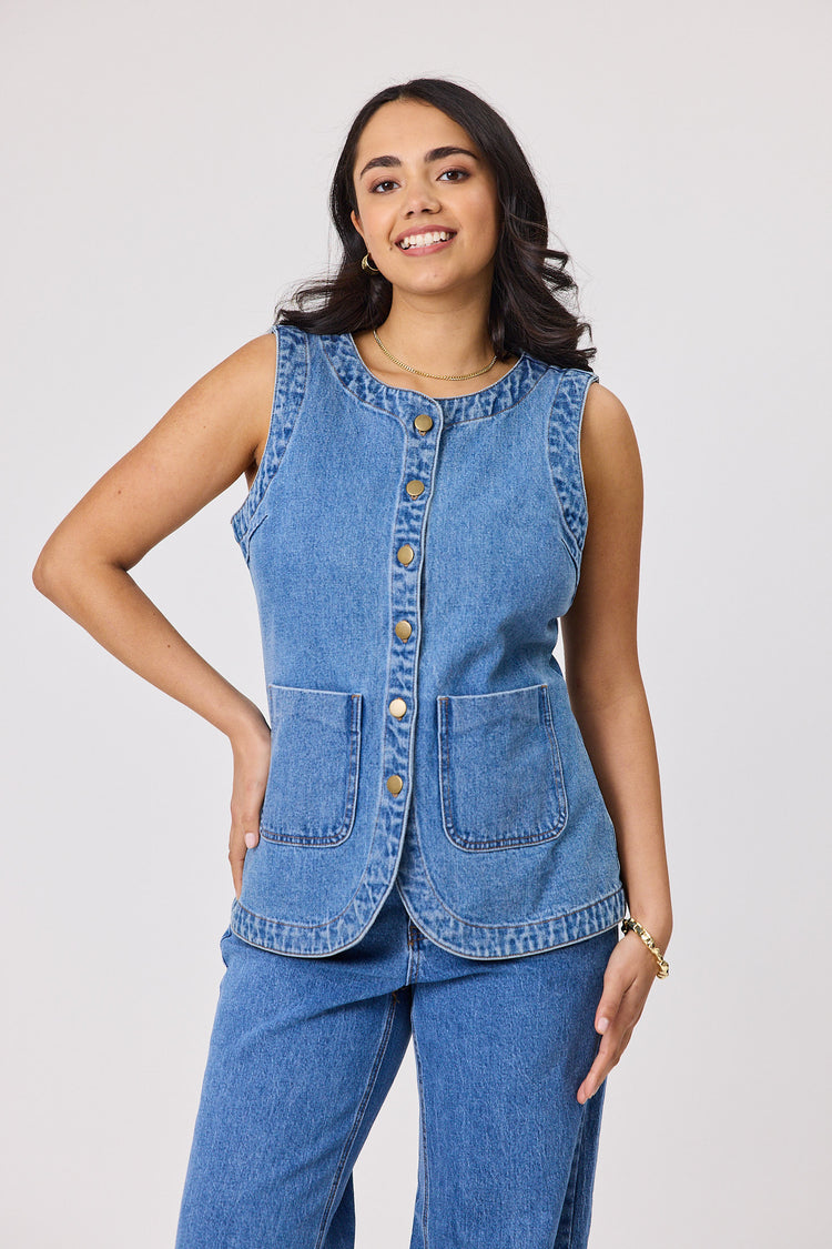 Shine On Label Liani Denim Vest Washed Blue | Shine On NZ