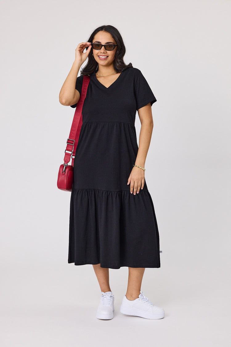Shine On Essentials Tiered Midi Dress Black | Shine On NZ