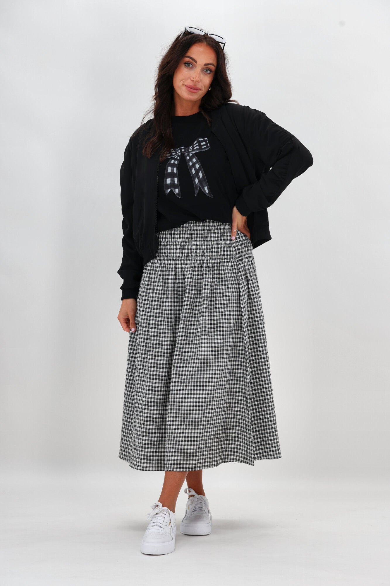 Haylene Shine On Label Haylene Shirred Waist Skirt Black Gingham | Shine On NZ
