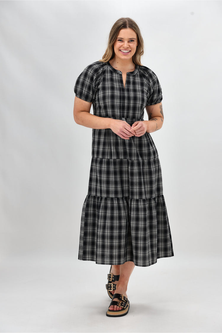 Juni check dress Black Sサイズ Black Check Mini Dress Short Sleeve Tiered | You & All
