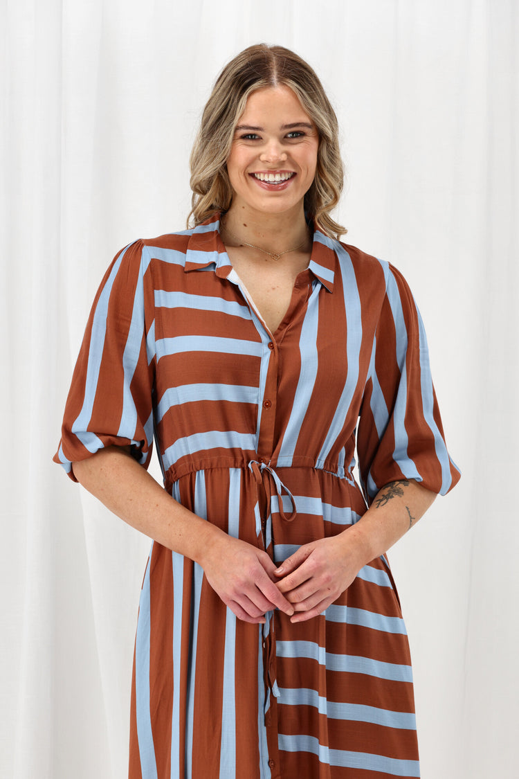 Sunday Boho Melanie Midi Dress Brown And Blue Stripe | Shine On NZ