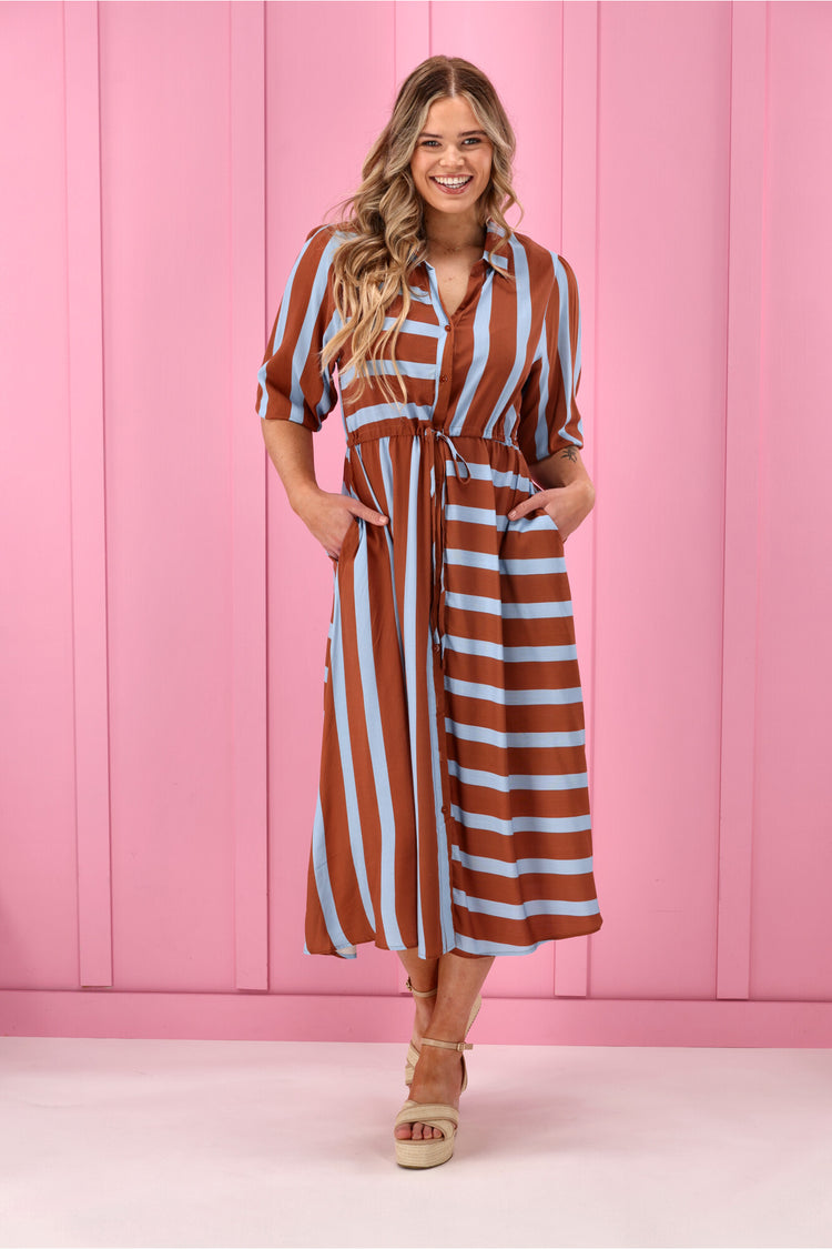 Sunday Boho Melanie Midi Dress Brown And Blue Stripe | Shine On NZ Sunday Boho Melanie Midi Dress Brown And Blue Stripe | Shine On NZ