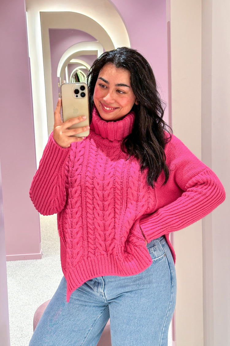 Tirelli High Neck Cable Knit Hot Pink | Shine On NZ