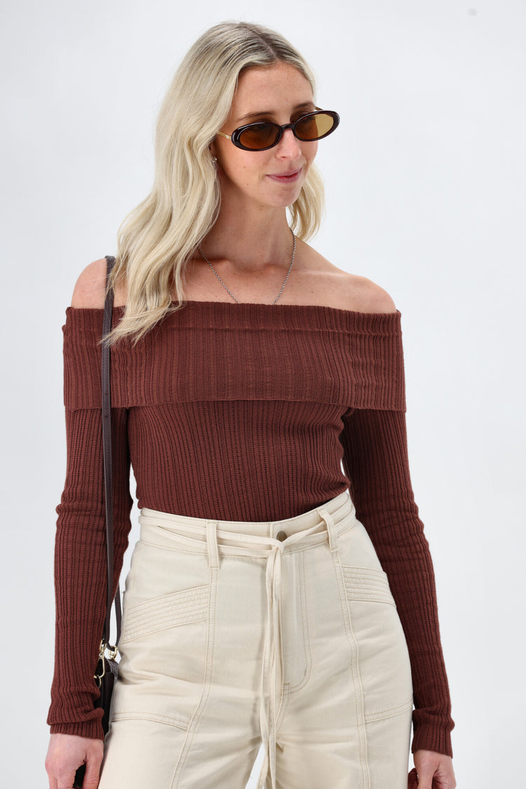 Minkpink Zoe Off Shoulder Knit Top Chocolate Shine On NZ