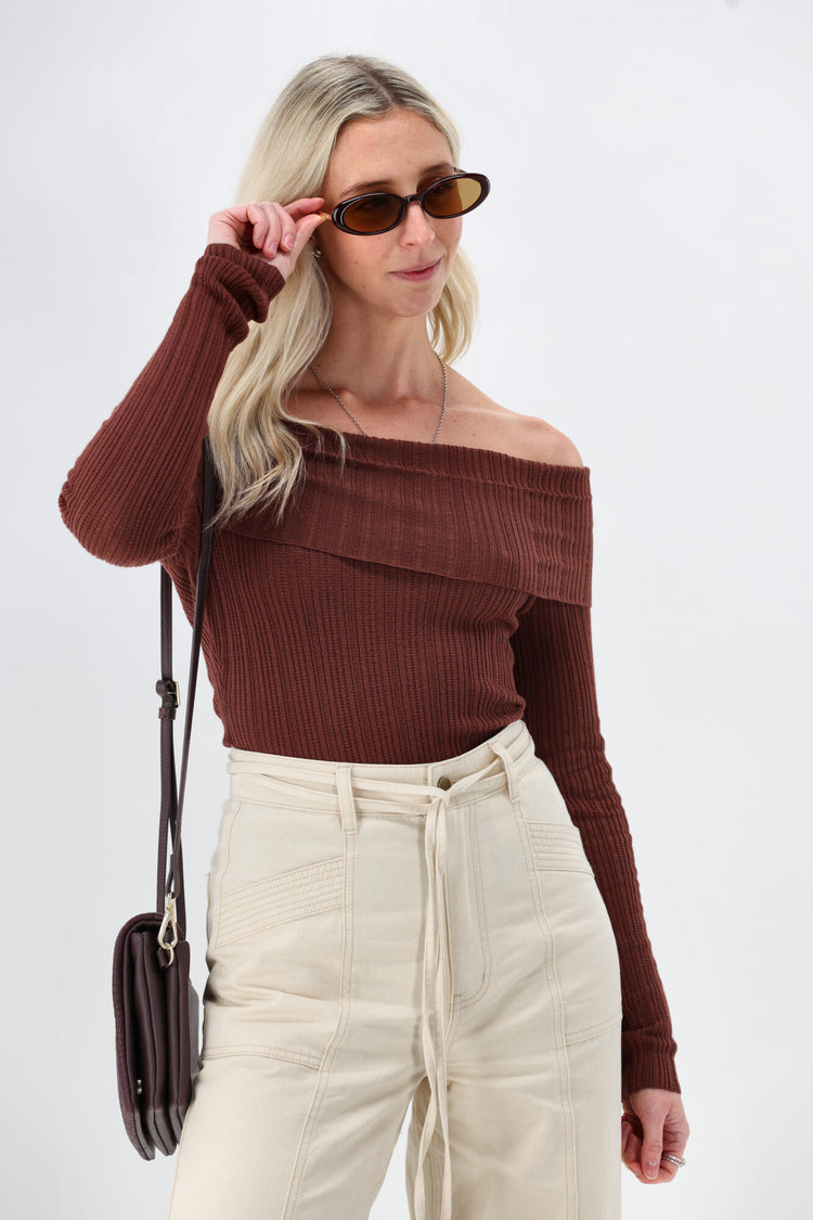 Minkpink Zoe Off Shoulder Knit Top Chocolate | Shine On NZ