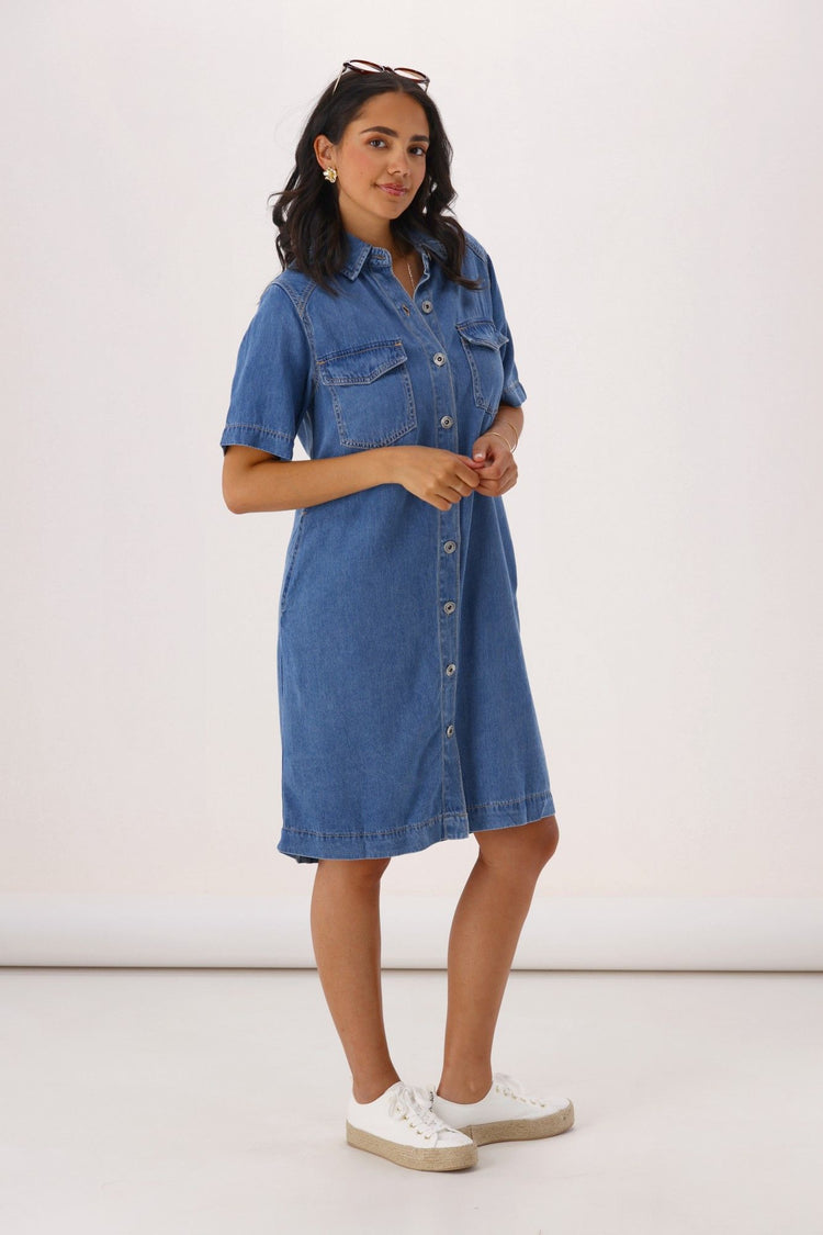 Elm Cora Denim Dress Mid Blue Wash
