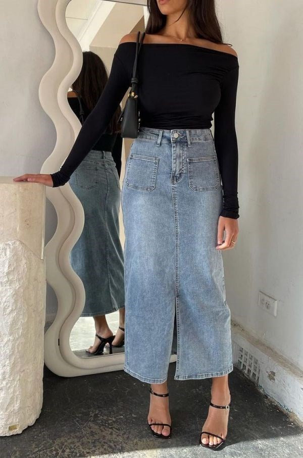 Pink Diamond Denim Maxi Skirt Denim Shine On NZ